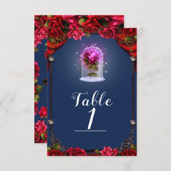 Elegant Storybook Red Roses Blue Table Number