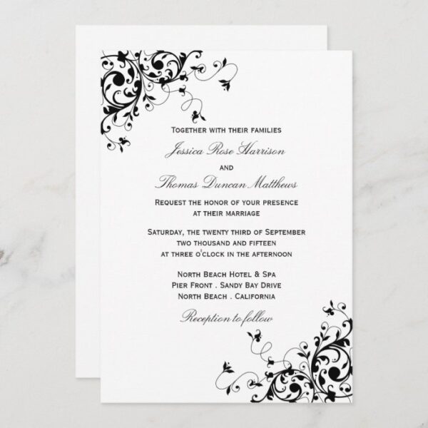 Elegant Swirls Black & White Wedding Invitations