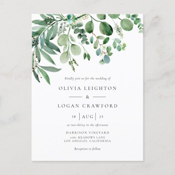 Elegant Watercolor Eucalyptus Greenery Wedding Invitation Postcard
