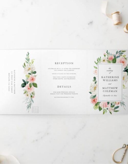 Elegant Watercolor Floral All-In-One Photo Wedding Tri-Fold Invitation