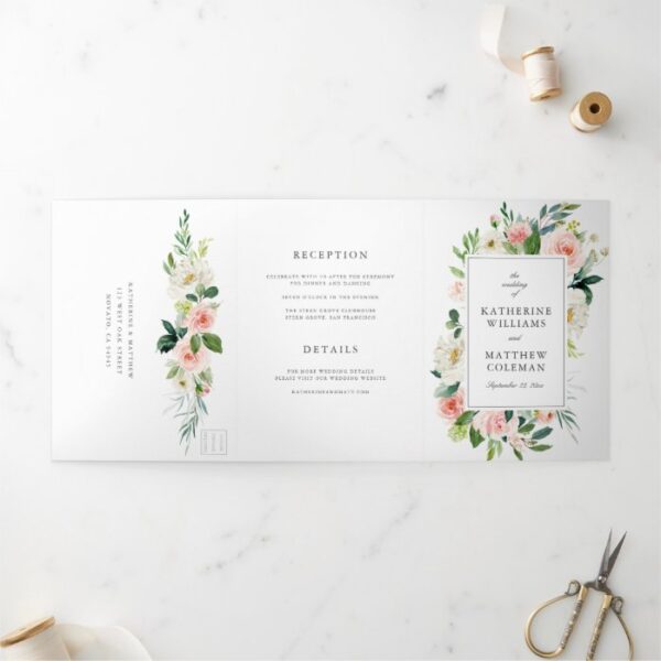 Elegant Watercolor Floral All-In-One Photo Wedding Tri-Fold Invitation