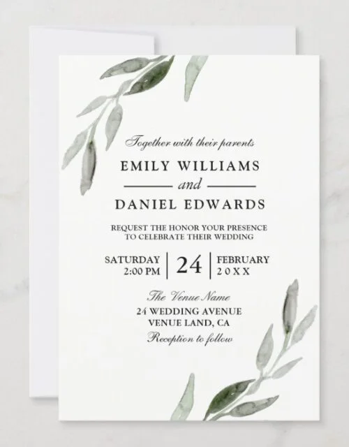 Elegant Watercolor Green Leaf Wedding Invite