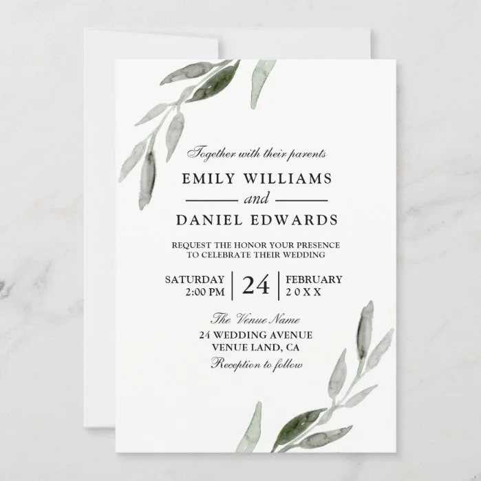 Elegant Watercolor Green Leaf Wedding Invite