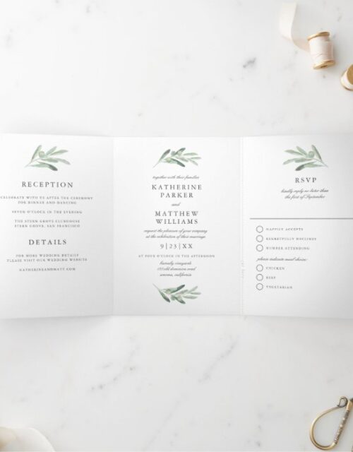 Elegant Watercolor Olive Branch All-In-One Wedding Tri-Fold Invitation