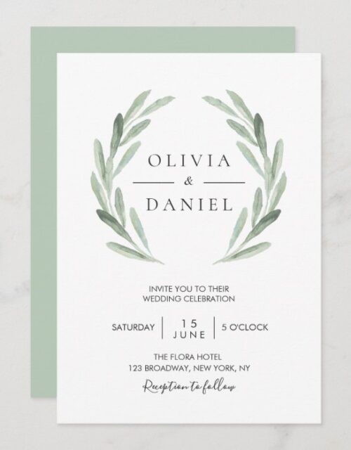 Elegant Watercolor Olive Leaf Wreath Green Wedding Invitation