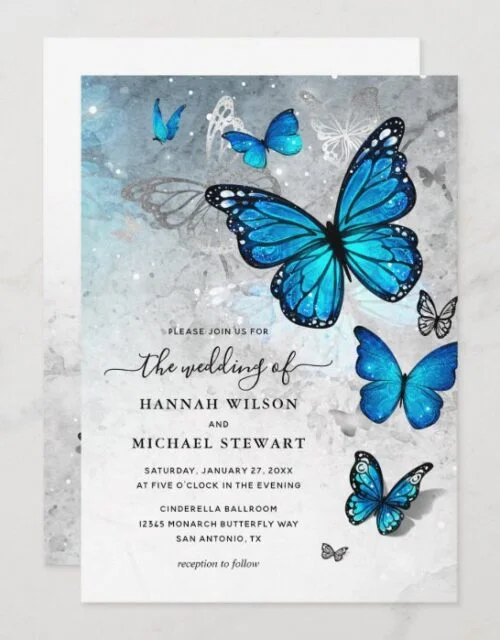 Elegant Watercolor Silver Blue Butterfly Wedding Invitation