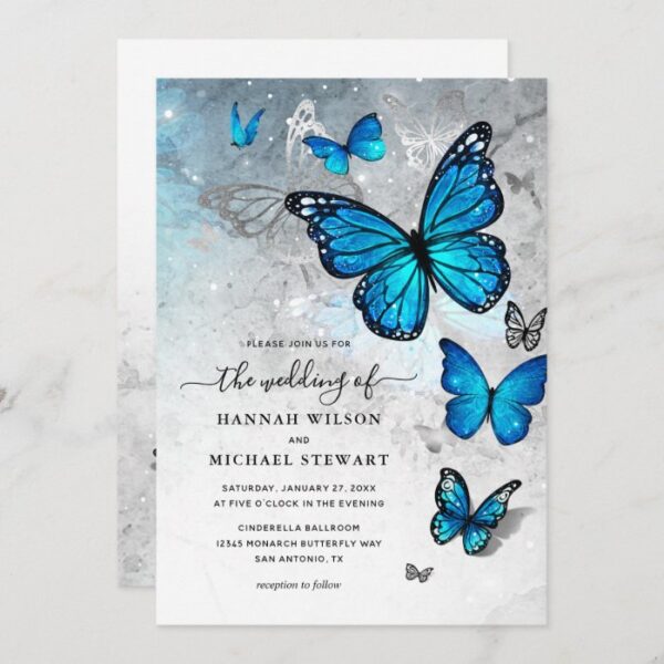 Elegant Watercolor Silver Blue Butterfly Wedding Invitation