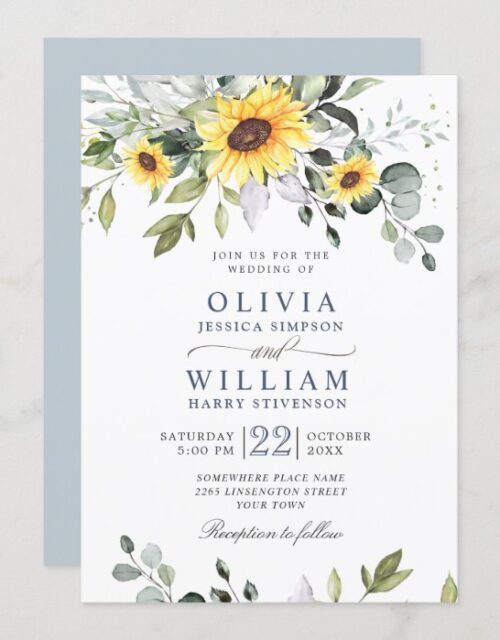 Elegant Watercolor Sunflowers Eucalyptus Wedding Invitation