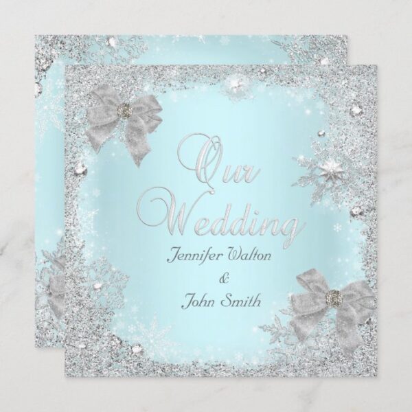 Elegant Wedding Glitter Teal Silver White Bow Invitation