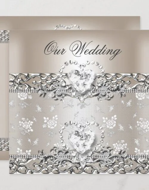Elegant Wedding Silver Cream Diamond Heart Invitation