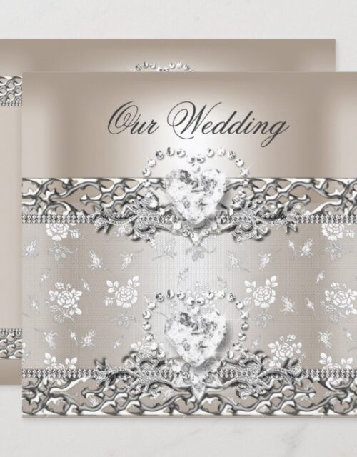 Elegant Wedding Silver Cream Diamond Heart Invitation
