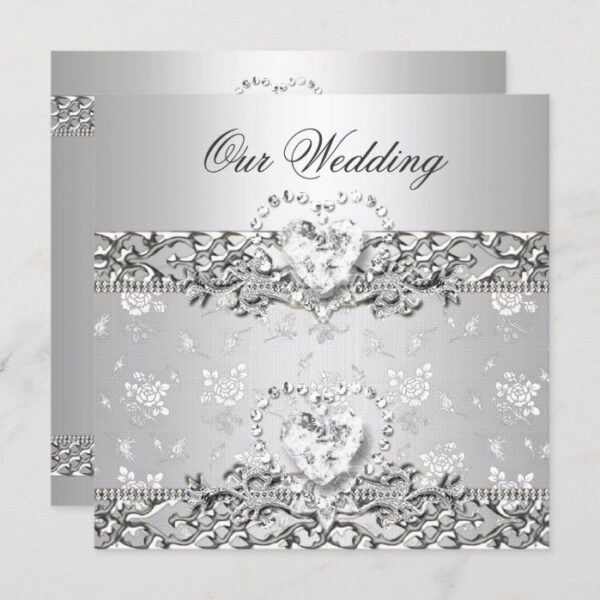Elegant Wedding Silver White Diamond Heart Invitation