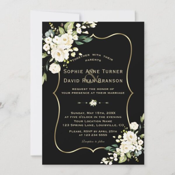 Elegant White Flowers Gold Frame Black Wedding Invitation