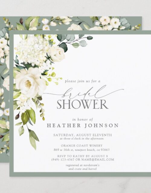 Elegant White Gray Green Watercolor Bridal Shower Invitation
