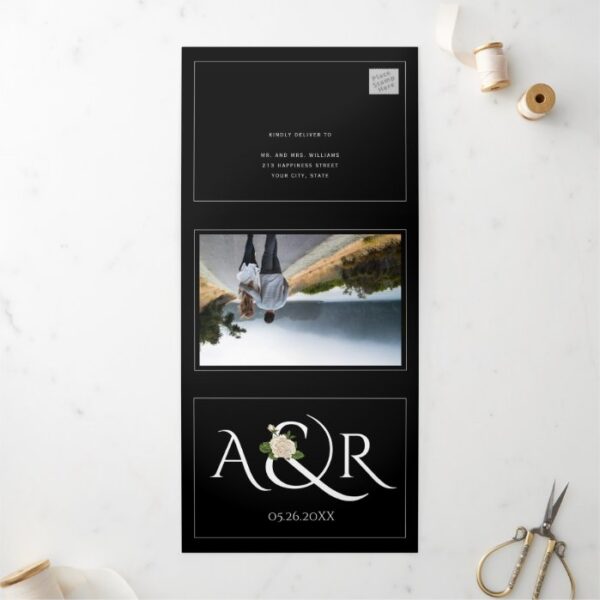 Elegant white initials and ampersand, rose wedding Tri-Fold invitation