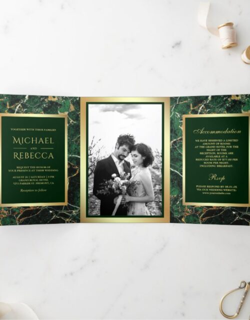 Emerald Green Marble Faux Gold Foil Photo Wedding Tri-Fold Invitation