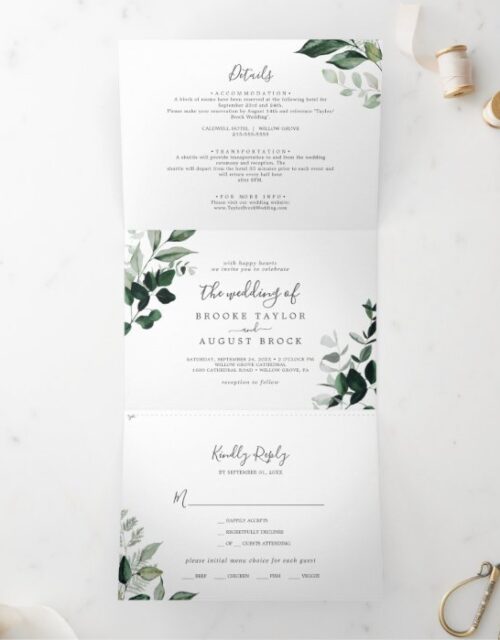 Emerald Greenery Photo Wedding All In One Tri-Fold Invitation