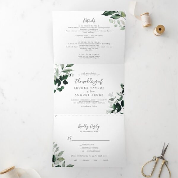 Emerald Greenery Photo Wedding All In One Tri-Fold Invitation