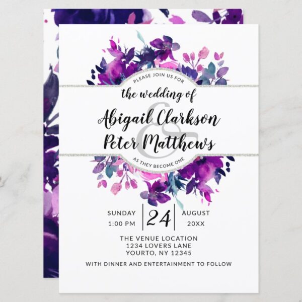 Enchanted Floral Violet Watercolor Wreath Wedding Invitation