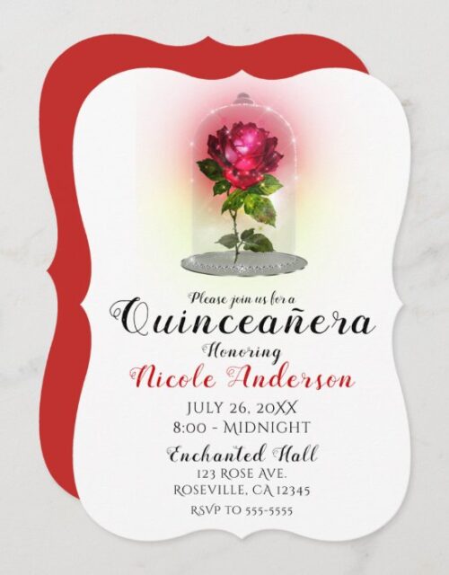 Enchanted Red Rose Sparkly Quinceañera Party Invitation