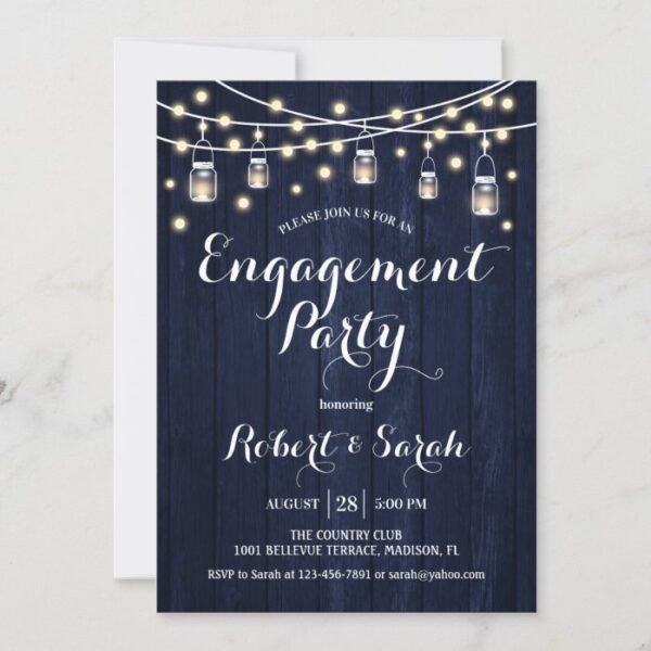 Engagement Party - Navy Blue Rustic Wood Invitation