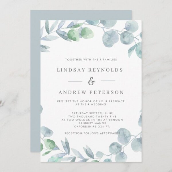 Ethereal Eucalyptus Dusty Blue Wedding Invitation