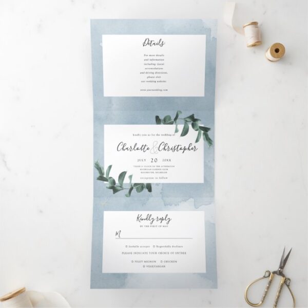 eucalyptus watercolor blue all in one wedding Tri-Fold invitation