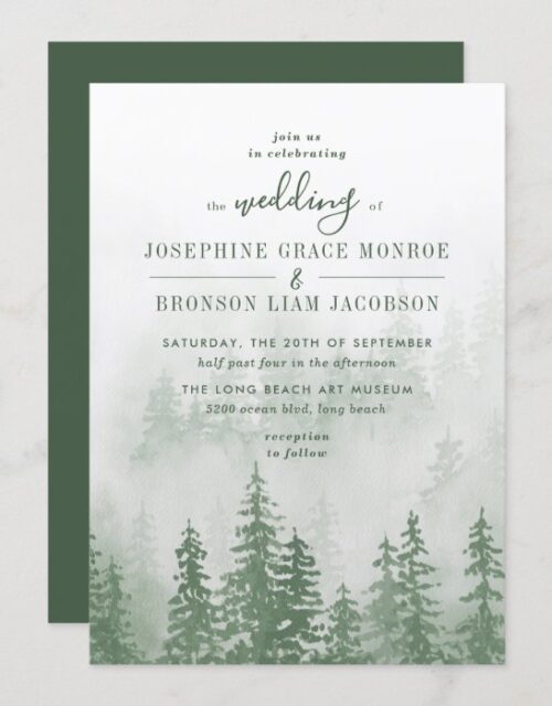 Evergreens in the Fog Forest in Green Wedding Invitation