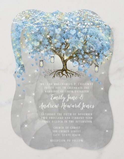 Fairy Lights Blue Heart Leaf Tree Watercolor Invitation