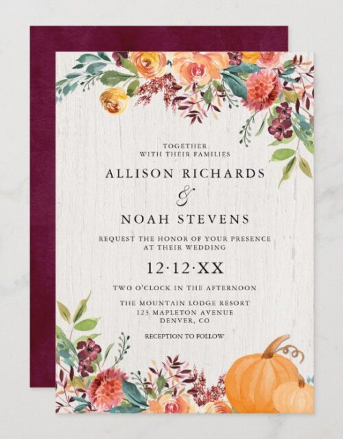 Fall floral and pumpkins watercolor wedding invitation