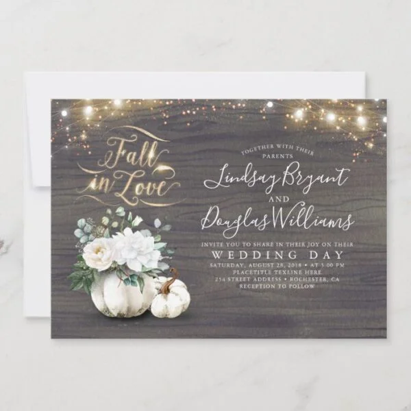 Fall in Love White Pumpkin Rustic Fall Wedding Invitation