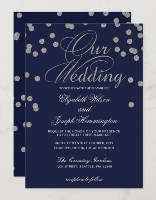 FAUX Glitter confetti navy and silver wedding Invitation