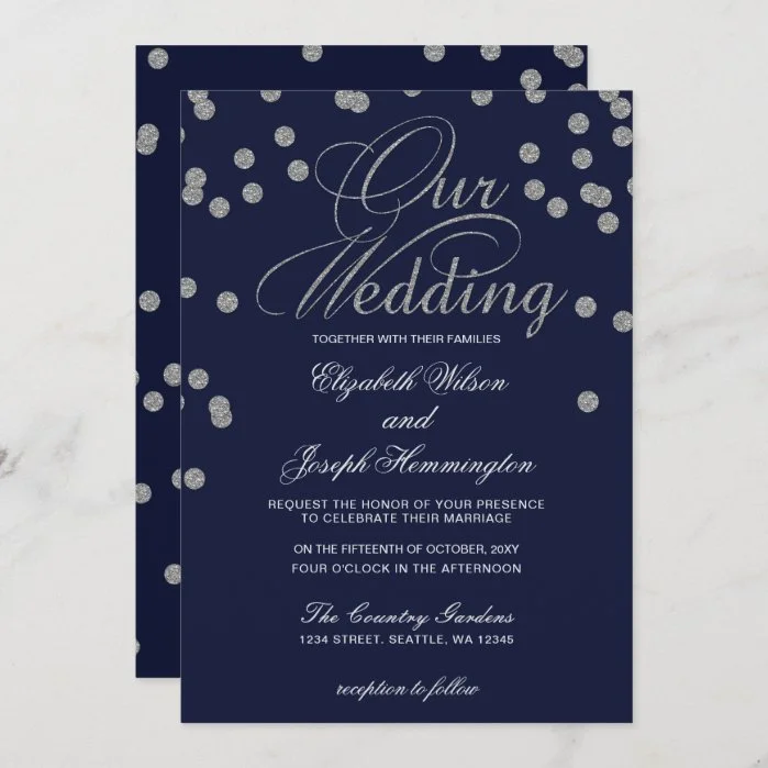 FAUX Glitter confetti navy and silver wedding Invitation
