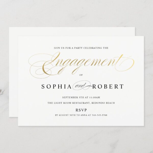 Faux Gold Elegant Calligraphy Engagement Monogram Invitation