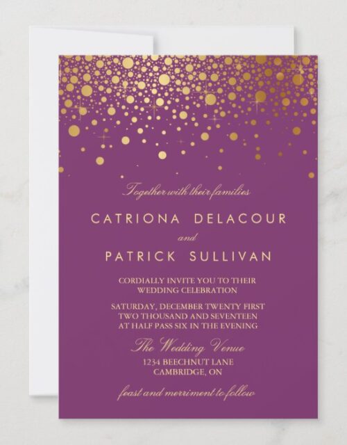 Faux Gold Foil Confetti Purple Wedding Invitation