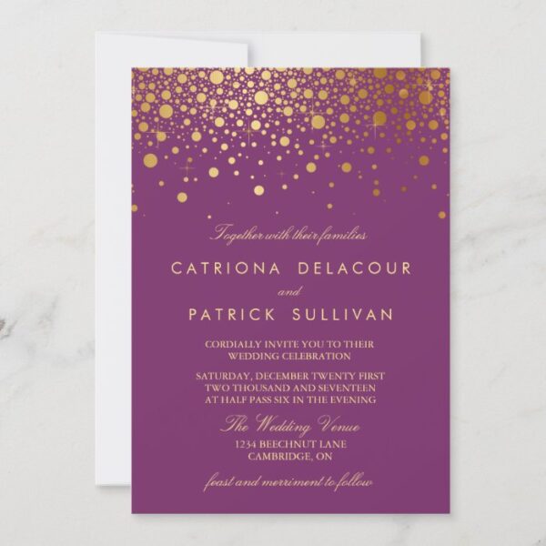 Faux Gold Foil Confetti Purple Wedding Invitation