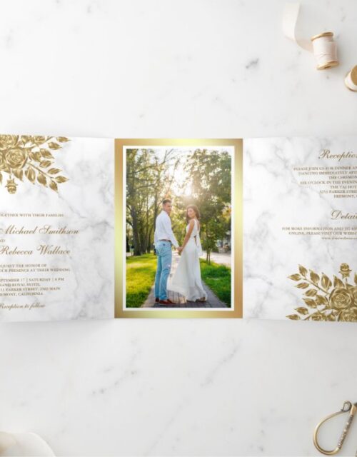 Faux Gold Leaves Floral White Marble Wedding Tri-Fold Invitation