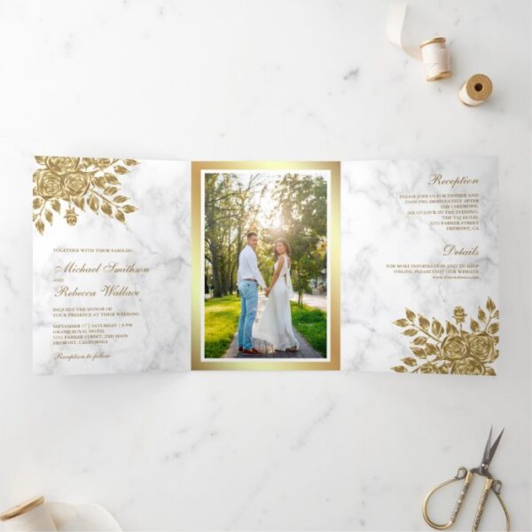 Faux Gold Leaves Floral White Marble Wedding Tri-Fold Invitation