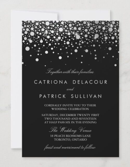 Faux Silver Foil Confetti Black and White Wedding Invitation