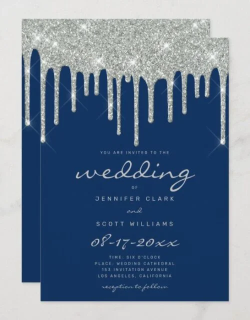 Faux silver glitter drips script navy blue wedding invitation
