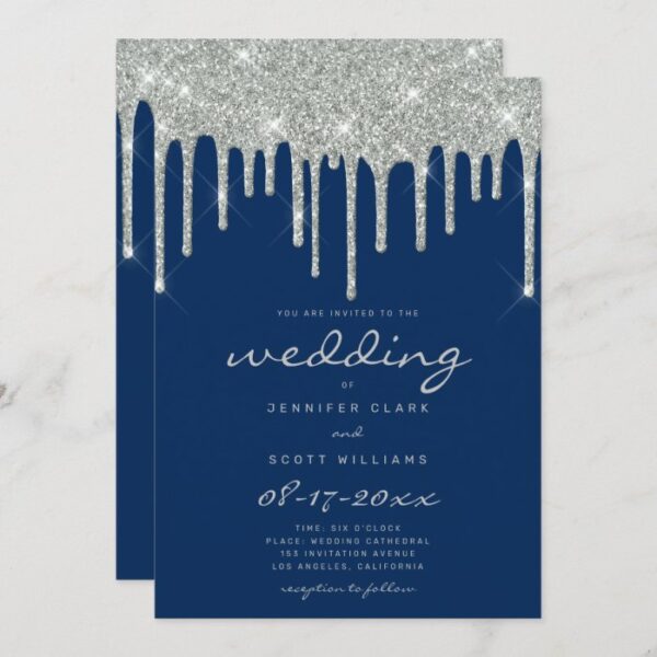 Faux silver glitter drips script navy blue wedding invitation