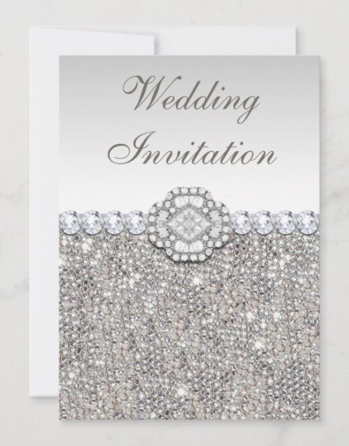 Faux Silver Sequins and Diamond Images Wedding Invitation