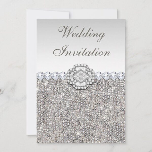 Faux Silver Sequins and Diamond Images Wedding Invitation