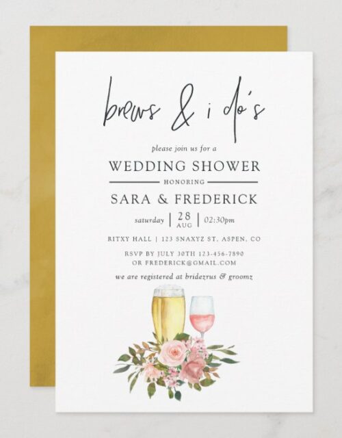 Floral Blush and Gold Brews Before The I Do's Invitation