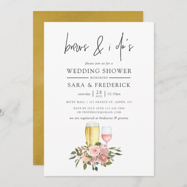 Floral Blush and Gold Brews Before The I Do's Invitation