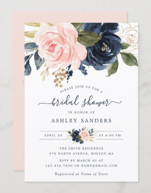 Floral Blush Navy Elegant Bridal Shower Invitation