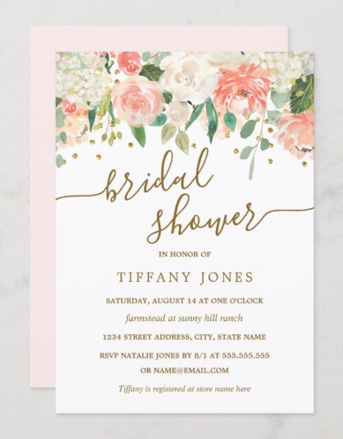 Floral Blush Pink Gold Confetti Bridal Shower Invitation