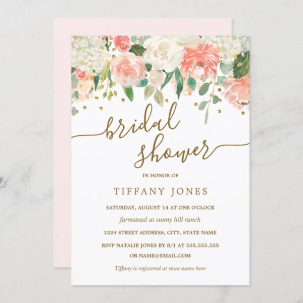 Floral Blush Pink Gold Confetti Bridal Shower Invitation