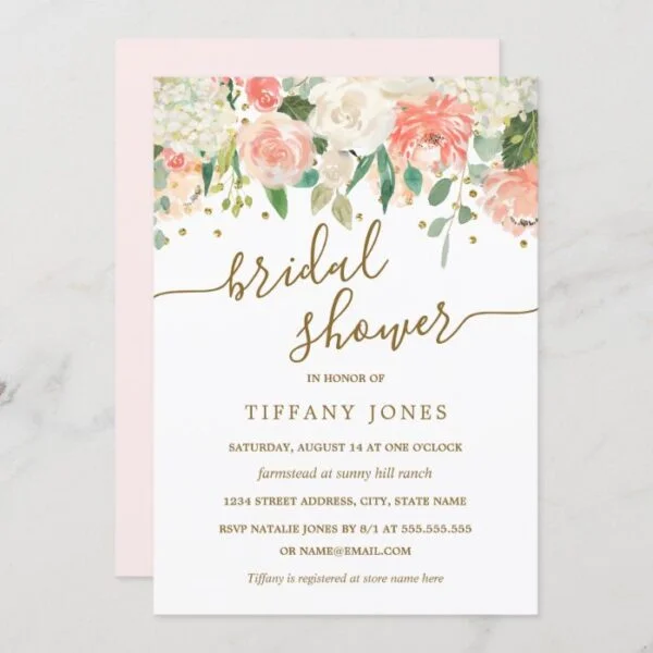 Floral Blush Pink Gold Confetti Bridal Shower Invitation