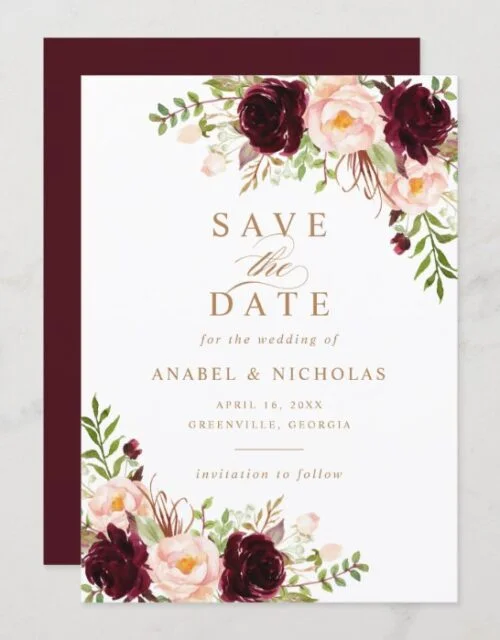 Floral Burgundy Blush Elegant Modern Save the Date Invitation